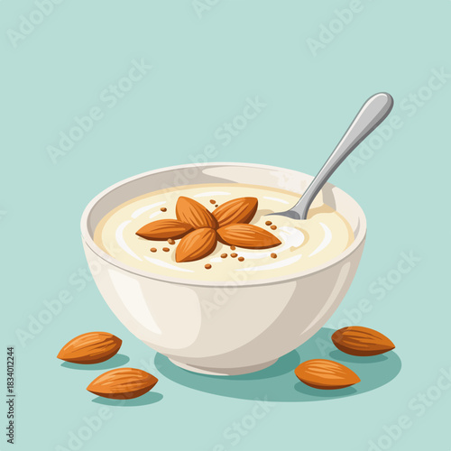 A healthy breakfast bowl with almond milk yogurt and flaxseeds. Clean and modern cartoon food illustration. Healthy eating and vegan diet concept