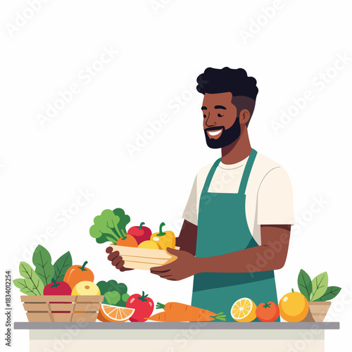An african man choosing fresh produce. A smiling grocer holding a crate of healthy fruits and vegetables. Flat design character graphic