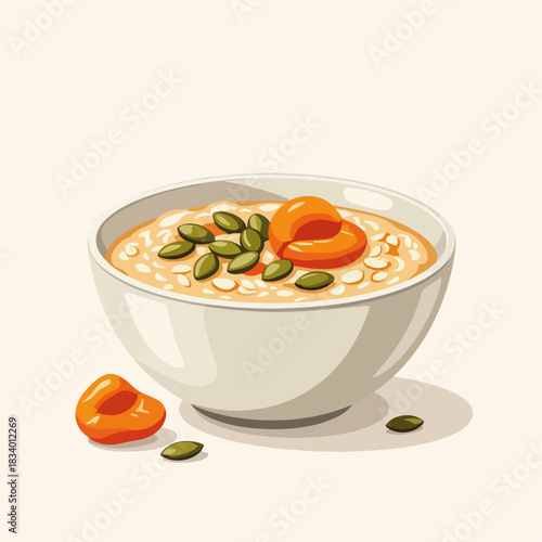 A healthy bowl of oatmeal porridge with pumpkin seeds and dried apricots. Nutritious breakfast food concept. Simple flat design graphic