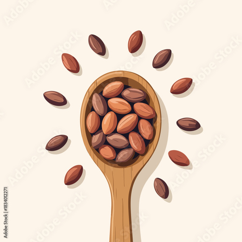 Cacao nibs in a wooden spoon. Flat design graphic of a healthy superfood. Organic cocoa beans for chocolate making