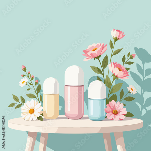 Pastel roll-on deodorant bottles with flowers. Flat design graphic for personal care and beauty products. Hygiene and self-care concept with floral elements