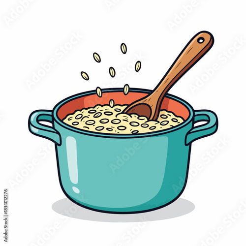 Cooking oatmeal in a pot with a wooden spoon. Healthy breakfast porridge cartoon graphic. Isolated food icon for recipes and diet blogs