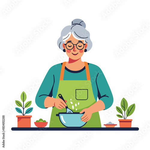 A happy elderly woman cooking in the kitchen. Smiling grandmother preparing a healthy meal with fresh ingredients. Flat design character graphic