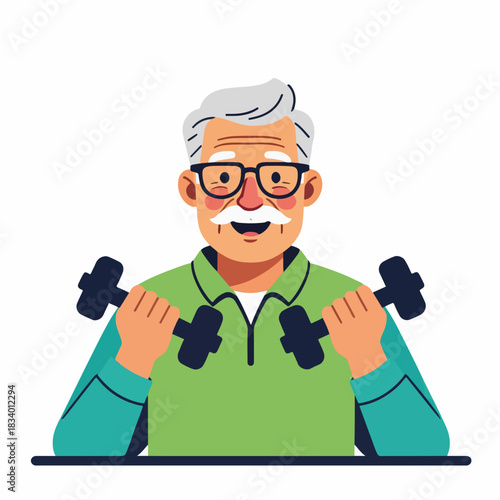 A happy elderly man lifting dumbbells. Senior fitness and active aging concept. Flat character design isolated on a white background