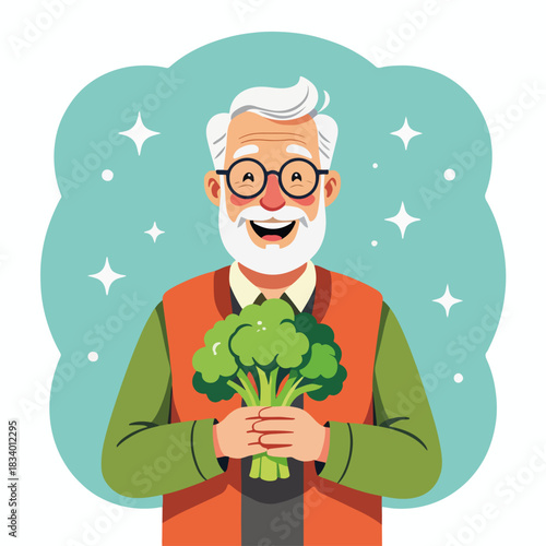 A happy elderly man holding fresh broccoli. Healthy eating and senior nutrition concept. Flat cartoon character design