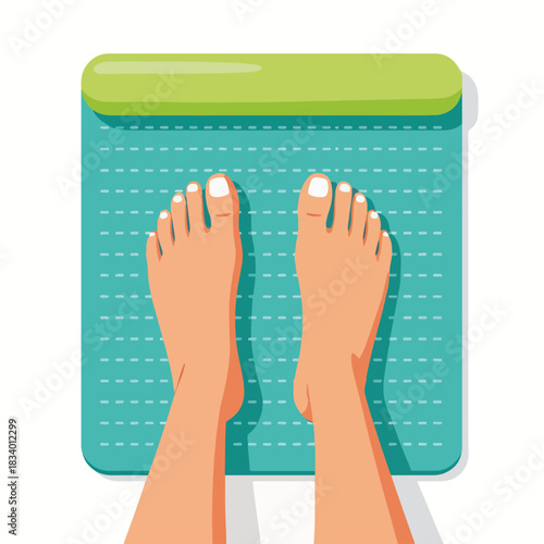 A top-down view of feet on a bathroom scale. Health, diet, and weight loss concept. Flat design graphic