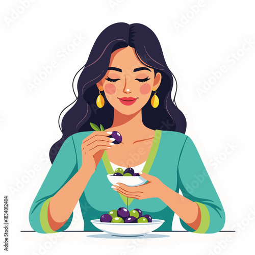 A woman eating a bowl of fresh olives. Healthy food and mediterranean diet concept. Modern flat design character graphic