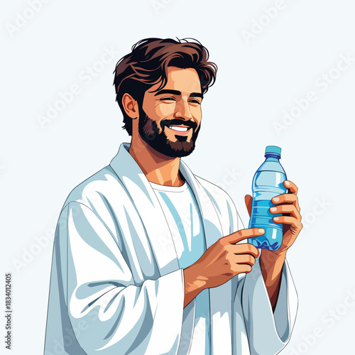 A smiling man in a white robe holding a water bottle. Health and hydration concept cartoon graphic. Isolated design for wellness and lifestyle themes