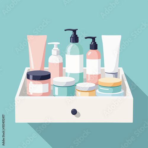 A collection of skincare and cosmetic products in a tray. Flat design of a daily beauty routine set. Health and wellness concept