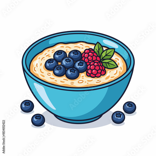 A bowl of oatmeal porridge with fresh blueberries and raspberries. Healthy breakfast food cartoon graphic. Isolated food icon for menus or packaging