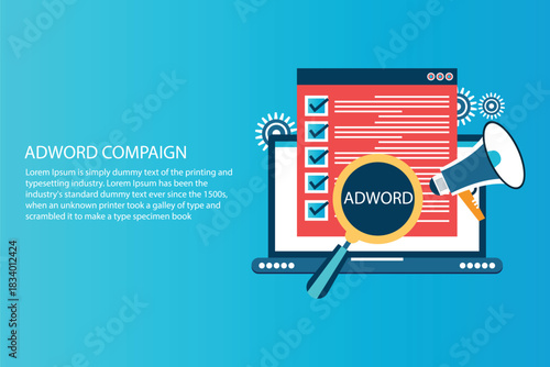 Ad word campaign, Search marketing, PPC advertising banner with icons