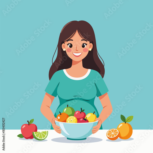 A smiling pregnant woman holding a bowl of fresh fruit. Healthy eating and nutrition concept for maternity. Flat cartoon character graphic