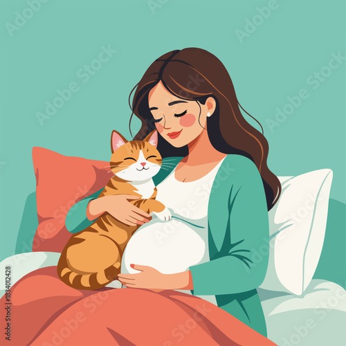 A pregnant woman cuddling a cat on her belly in bed. Motherhood and pet companionship concept. Flat design graphic