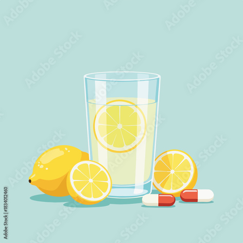 A glass of lemon water with supplement pills. Flat design graphic for health and wellness. Natural remedy and vitamin C concept