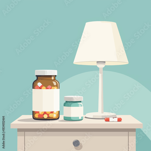 Pill bottles and capsules on a nightstand with a lamp. Healthcare and medicine concept. Flat design graphic for wellness and treatment topics.