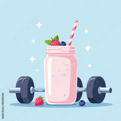 Fitness smoothie with a barbell graphic. A healthy lifestyle and nutrition concept. Flat design for gym and workout themes