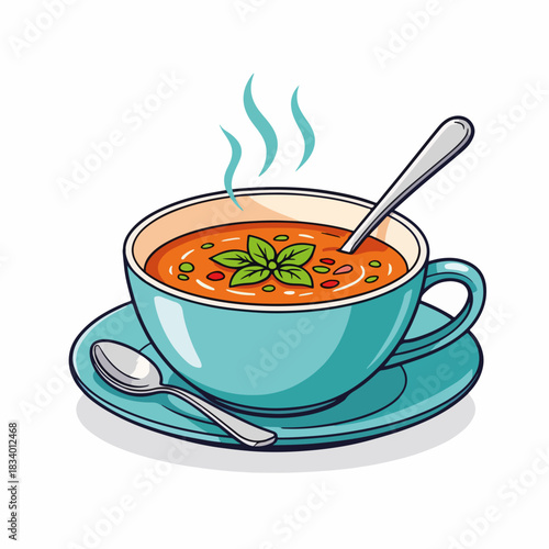 A hot bowl of healthy soup with a basil garnish. Cartoon food graphic for a restaurant menu. Simple meal icon isolated on white background