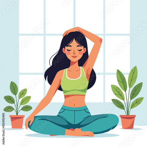A young woman practicing a yoga neck stretch at home. Flat design character for wellness and self-care concepts. Morning exercise and mindfulness routine graphic
