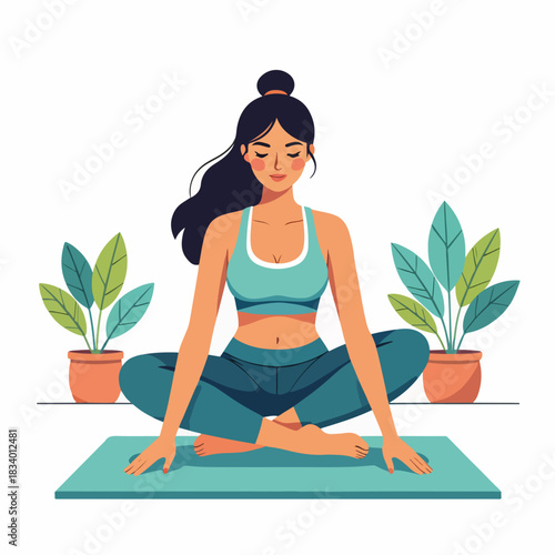 Woman meditating in a yoga lotus pose on a mat. Flat design graphic for health and wellness. Mindfulness and relaxation concept isolated on white background