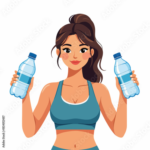 Athletic woman holding water bottles for hydration. Healthy lifestyle and fitness concept. Sporty female character cartoon graphic