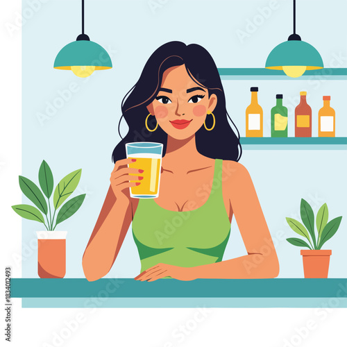 A woman drinking juice at a bar counter. Modern flat design character graphic. Healthy lifestyle and nutrition concept