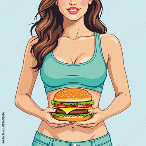 Fit woman holding a hamburger over her stomach. Diet, nutrition, and cheat meal concept. Cartoon vector illustration about food choices