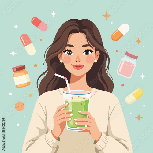A woman holding a green smoothie surrounded by vitamins and pills. Healthy lifestyle and nutrition concept. Flat cartoon character design
