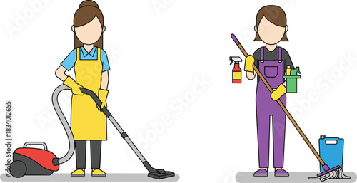 Two women cleaning floor vector illustration with vacuum cleaner mop and cleaning supplies isolated
