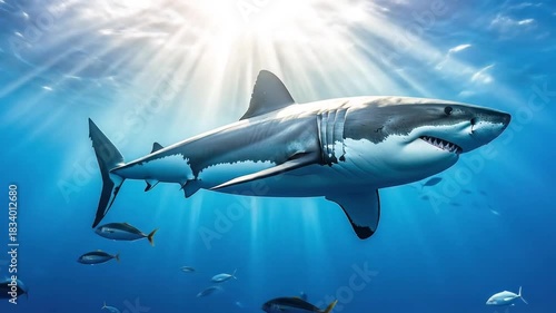 Wallpaper Mural Stunning Underwater View: Majestic Shark Swimming in Sunlight-Filled Ocean Waters Torontodigital.ca