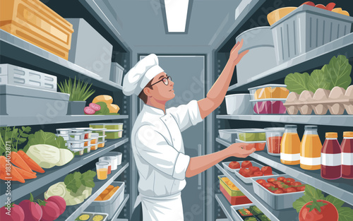 Chef organizing food in a large walk-in refrigerator with shelves stocked with produce and containers