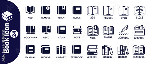 Book icon set contains editable vector icons of open, close, add, remove, bookmark, read, study, note, journal, archive