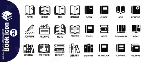 Book icon set contains editable vector icons of open, close, add, remove, bookmark, read, study, note, journal, archive