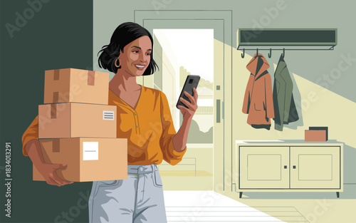 Woman happily receives package delivery at home, checking order on smartphone
