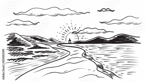 Very beautiful dawn light illuminating Lookout Mountain as smooth flowing water reflects warm colors, creating a peaceful landscape with soft textures, gentle motion, and a glowing horizon in Chattano