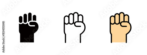 Fist and victory sign hand icons, protest and strike icons