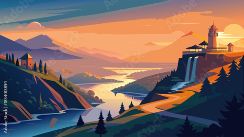 Very beautiful dawn light illuminating Lookout Mountain as smooth flowing water reflects warm colors, creating a peaceful landscape with soft textures, gentle motion, and a glowing horizon in Chattano