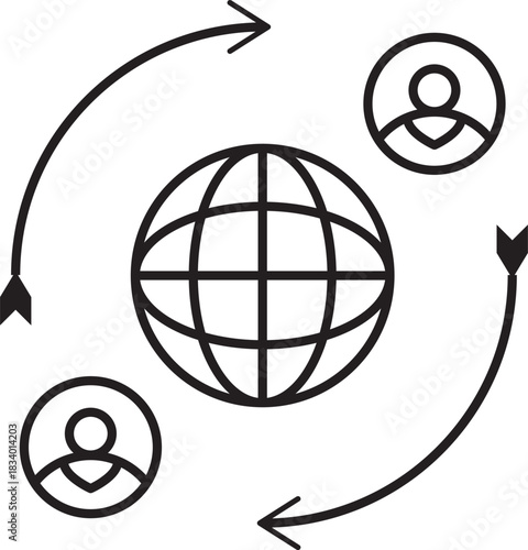 Line art icon representing a global network, communication, and user interaction around the world.