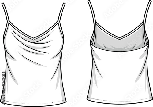 Camisole top fashion sketch, draped neckline, spaghetti straps, technical illustration, garment design, sewing pattern, elegant silhouette, clothing design
