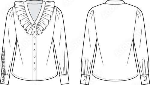 Ruffled V-neck blouse fashion sketch, button front, long sleeves, pleated cuffs, technical illustration, garment design, sewing pattern