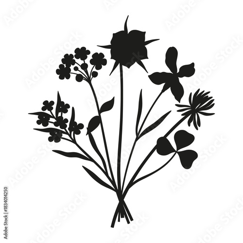 Wildflower silhouette bouquet. Hand-drawn matthiola, clover, meadow flowers, herbs, and wild plants. Botanical elements for design projects. Minimal style, vector illustration
