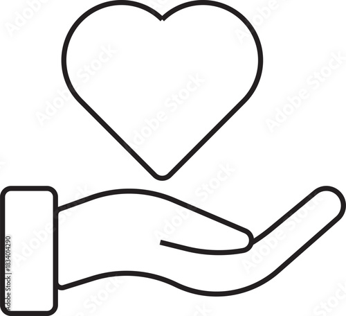 A simple line art icon of an open hand holding a heart, symbolizing love, charity, and care.