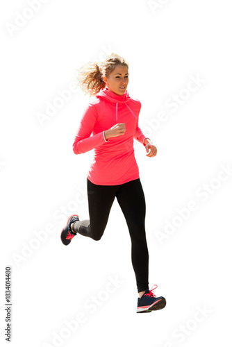 Young woman in pink and black dress runs cross country on a warm spring day  isolated with no background PNG