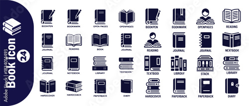 Book icon set. collection of 24 black book web icons. bookmark, open pages, bookpen, journal, reading, library