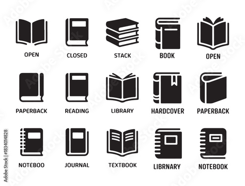 Various book icons in solid black glyph style depicting open, closed, stacked, and different book types
