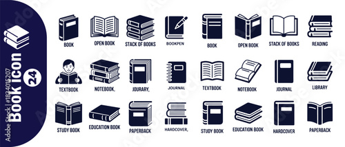Book icon set collection contains book open stack bookpen textbook notebook journal library education hardcover paperback