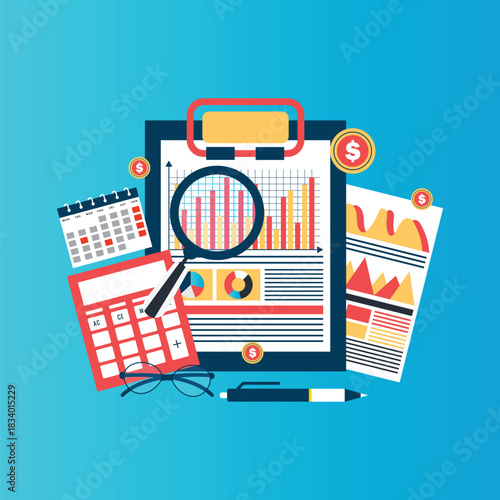Auditor work desk, accounting paperwork, business research, financial audit, auditing tax process, report data analysis, analytics, financial research report
