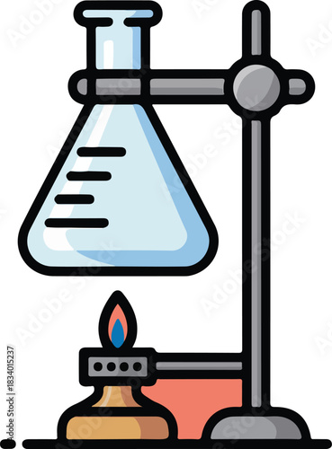 Laboratory heating experiment vector graphic showing a Bunsen burner flame warming a flask on a retort stand
