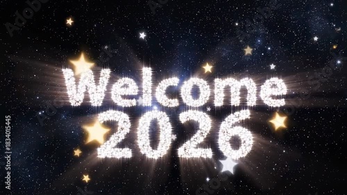 Welcome 2026 with a dazzling display of sparkling stars and festive light rays, celebrating the new year.