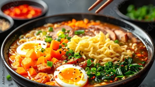 Delicious Ramen Noodles with Egg, Carrots, and Green Onions Served in a Bowl