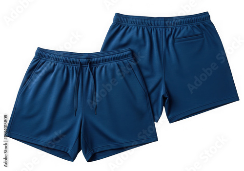Two navy blue athletic shorts isolated on transparent background